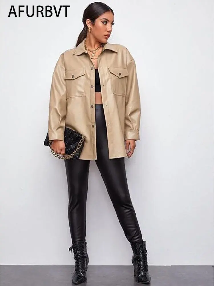 Autumn Winter Pu Faux Leather Jackets Women Long Sleeve Single-breasted Loose Leather Coat Female Outwear Tops Khaki Black enlarge