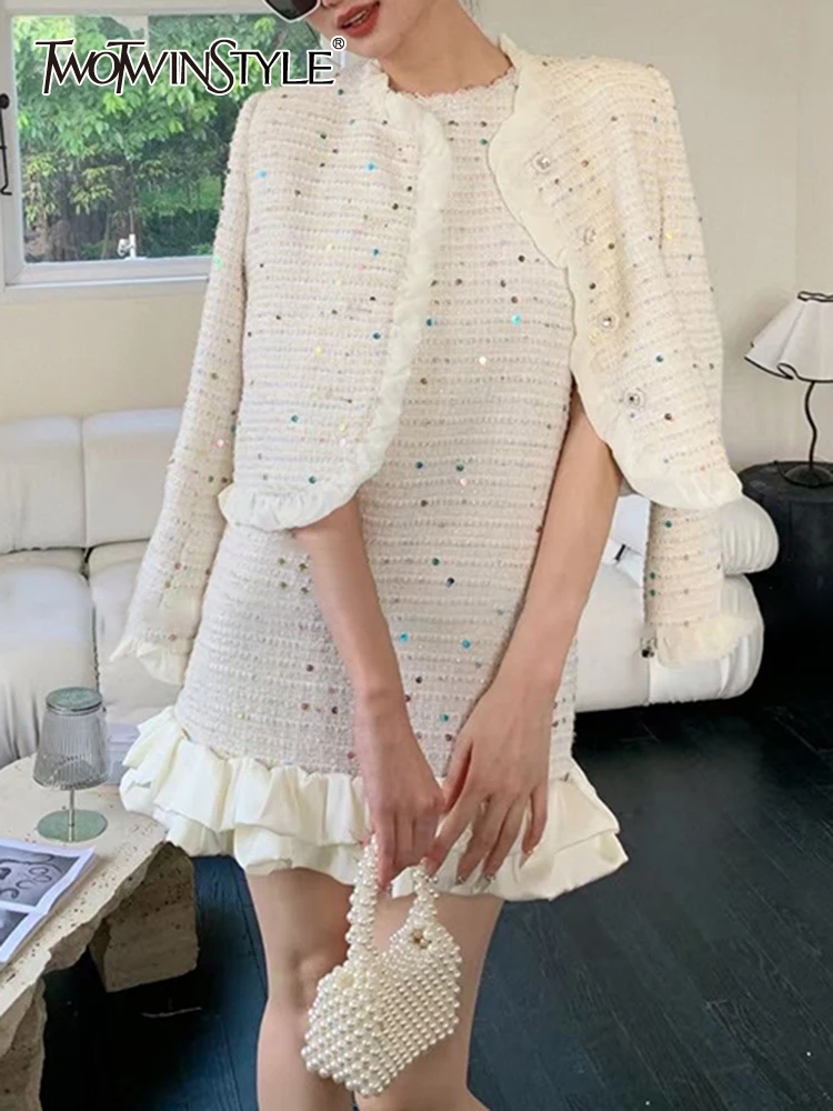 

TWOTWINSTYLE Spliced Sequins Two Piece Sets For Women O Neck Sleeveless Mini Dress Long Sleeve Coats Elegant Set Female Clothing