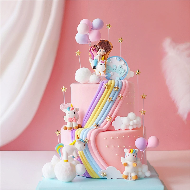 

Rainbow Unicorn Cake Topper Cloud Cake Flags Birthday Kid Balloon Cake Decoration Cupcake Topper for Wedding Dessert Table Decor
