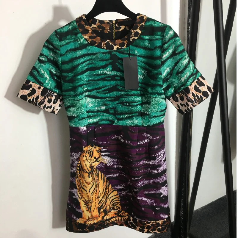 

new nail bead tiger pattern color blocking print women's dress temperament round neck short sleeve women's dress woman dress