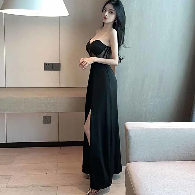 

2023 Women Sexy Mesh Hollow Out Club Party Dress Mesh See Through Split Party Evening Birthday Black Sleeveless Long Dresses