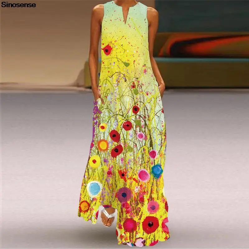 

Elegant V-neck Women Vintage Print Dress 2022 Female A-line Soft Dress Casual Loose Summer Boho Beach Party Maxi Dress Sundress