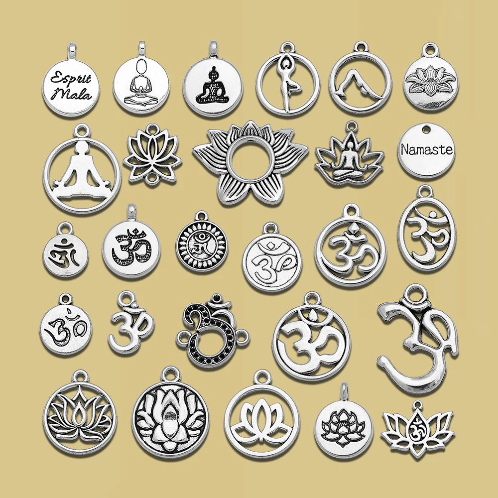 

Antique Silver Plated Lotus Flower Yoga Om Namaste Charms Buddha Pendant For Diy Jewelry Making Accessories Wholesale Items Bulk