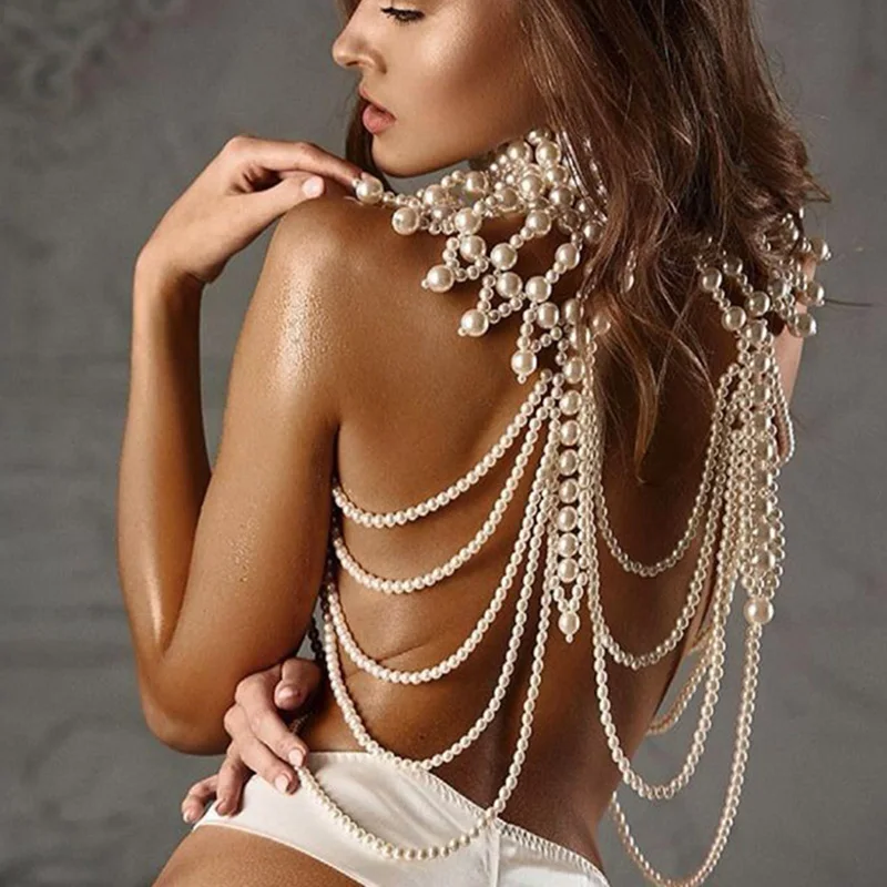 

1PC Retro Necklace Choker Jewelry Wedding Dress Sexy Women's Body Chains Pearl Beads Hollow Shoulder Fashion Vintage