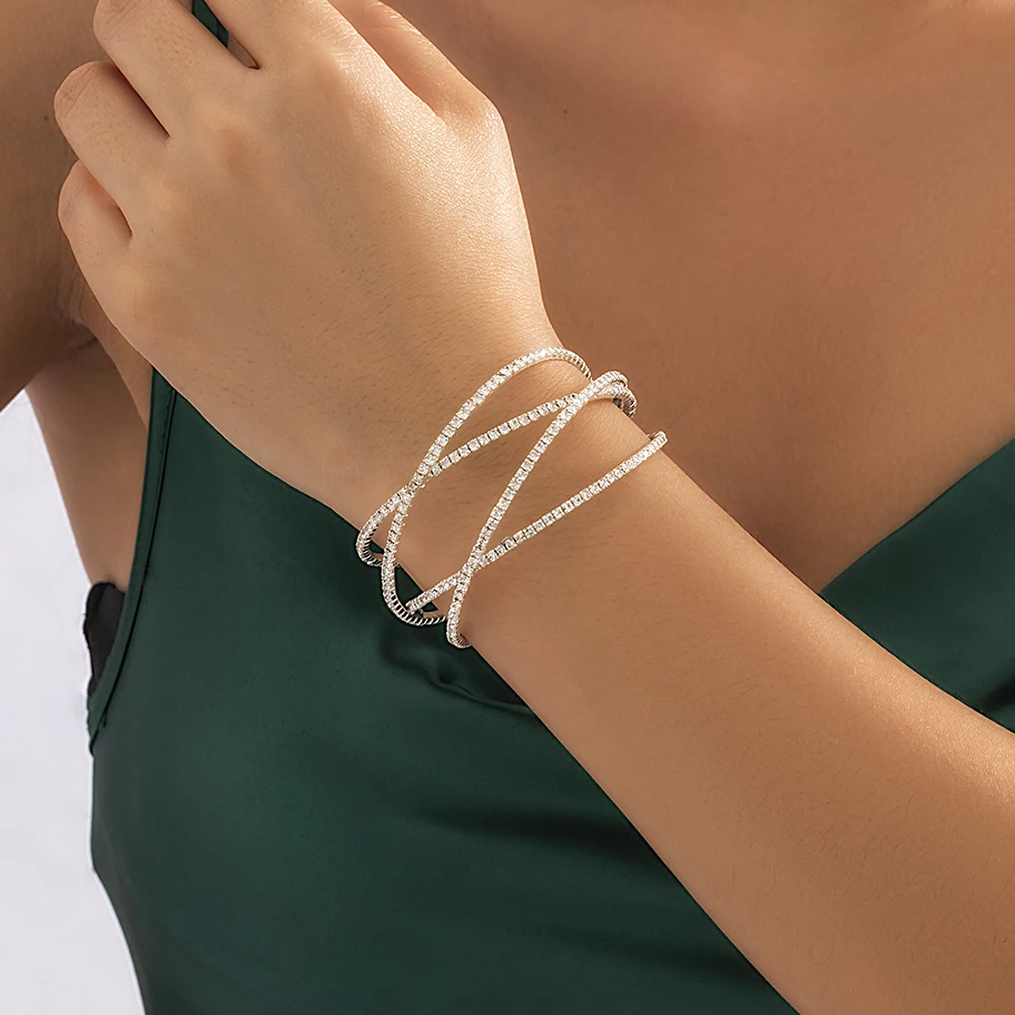 

2022 Fashion Statement Multilayer Crystal Opend Bangles Bracelets For Women Silver Color Wide Arm Cuff Jewelry Accessories Gifts