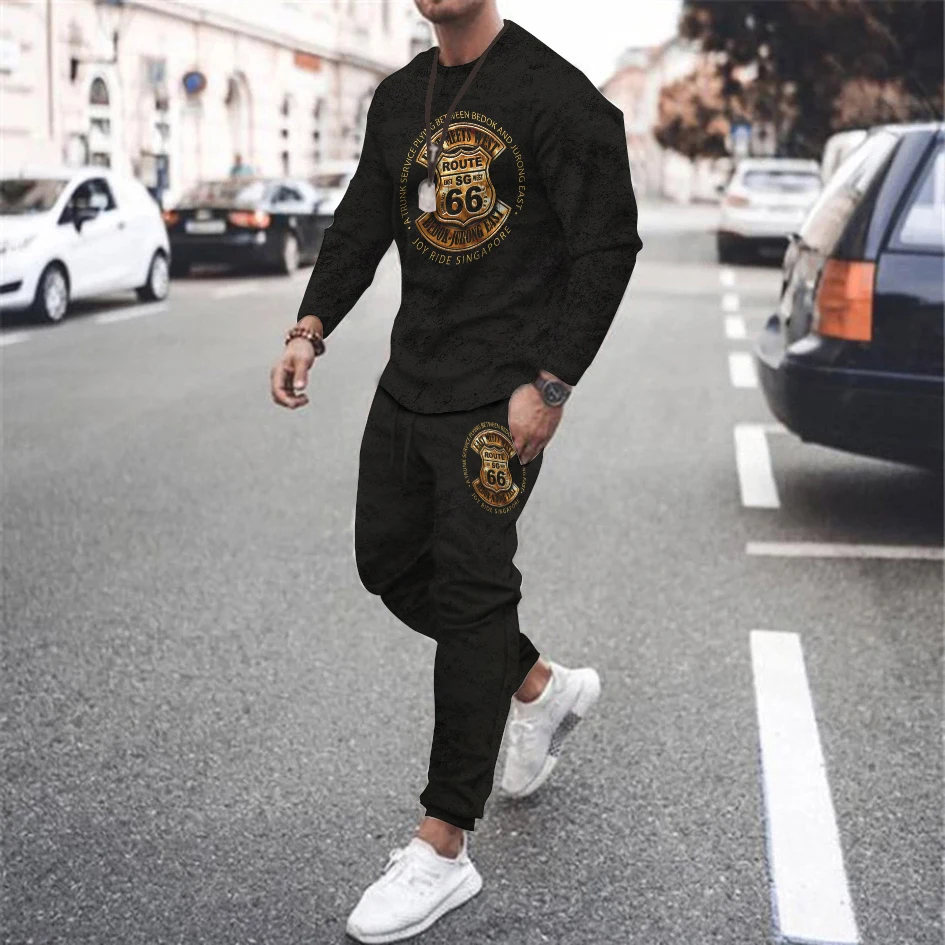 Men's Tracksuit Vintage T-shirt Long Pants 66 Route Racing 2 Piece Set Fashion Trend Jogging Sweatshirt Casual Sportswear Suit