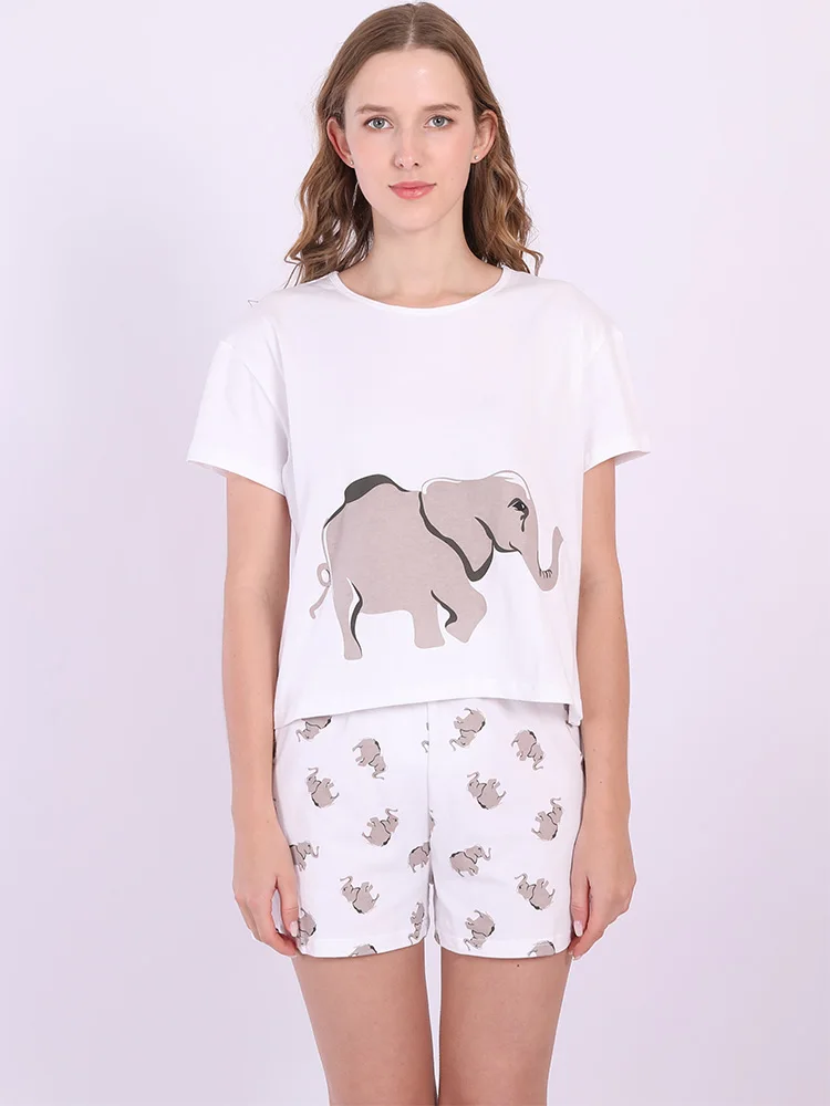 Cartoon Elephant Pajamas Sets Women Graphics Cute Cotton Tops Shorts Home Suit Sleepwear Pyjamas