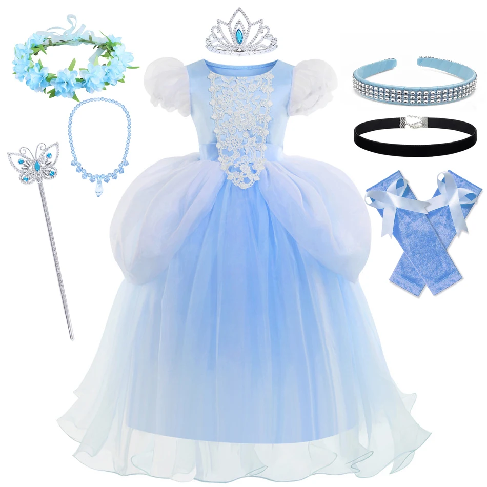 

Платья принцессы Золушки для девочек, синие летние платья с рукавами-фонариками и цветочной вышивкой для косплея, праздничные платья для дн...