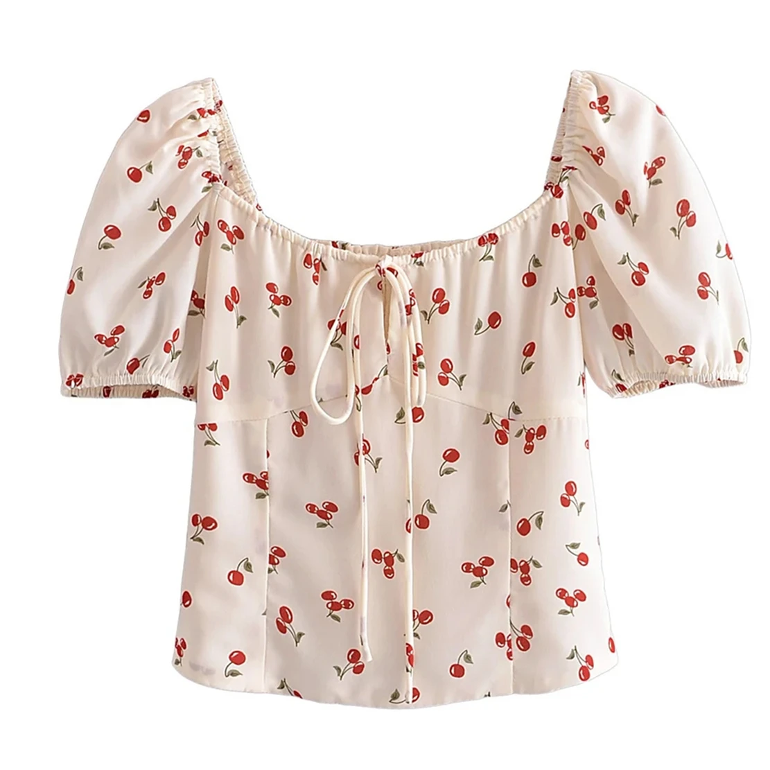 

Женская винтажная блузка с принтом в виде вишни, с пышными рукавами