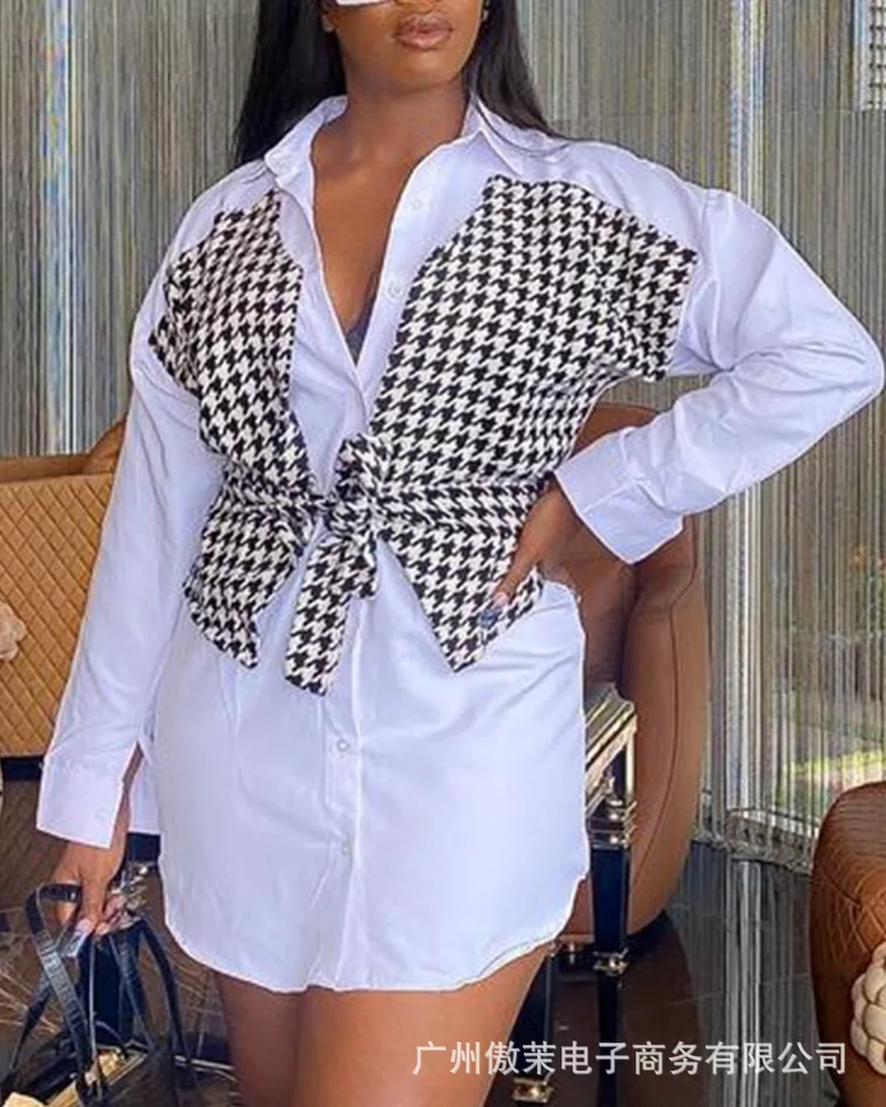 

2022 Women's New Houndstooth Stitching Contrast Color Shirt Skirt Dress Spot