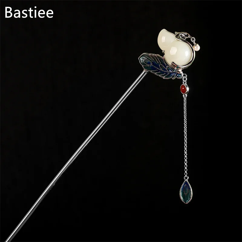 

Bastiee Fashion S925 Silver Hair Accessories Inlaid Hetian Jade Simple Miao National Style Gourd Women's Hairpin