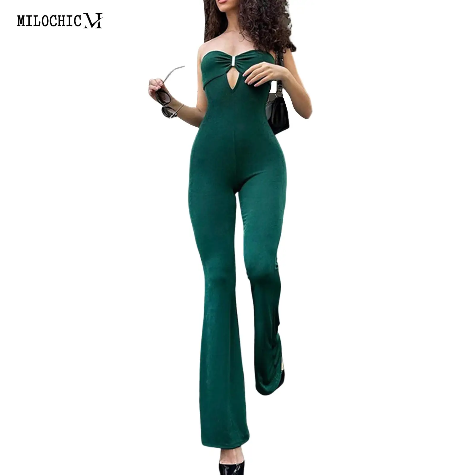 

Women Tube Top Long Jumpsuit Hollow Out Ladies Green One Piece Solid Color Sexy Style Elegant Backless Daily Outfit