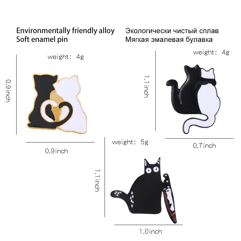 Эмалированная заколка для влюбленных котов черно-белая на заказ в виде кошки