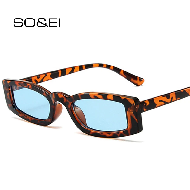 

SO&EI Fashion Small Rectangle Sunglasses Women Shades UV400 Retro Jelly Color Eyewear Men Trending Leopard Blue Sun Glasses