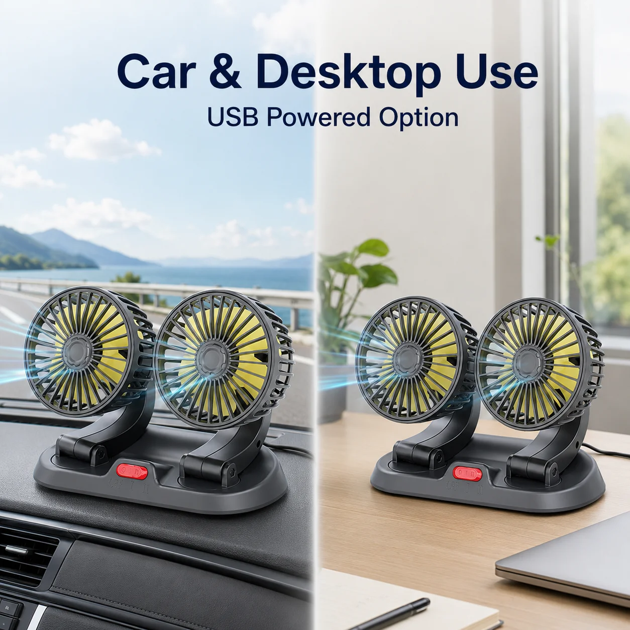 Автомобильный двойной вентилятор охлаждения с USB-питанием, регулируемый, 5В12В24В, для циркуляции воздуха в автомобилях, внедорожниках, грузовиках (art.: 3920dbdc10550) - 3920dbdc10550