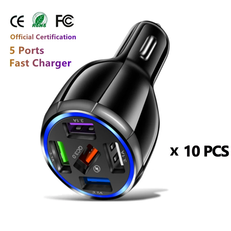 

10PCS Suikuai QC3.0 5USB Car Charger Wholesale Quick Charge Mobile Fast Car USB Charger 5V 12V UE US UK CE FCC For AUTO