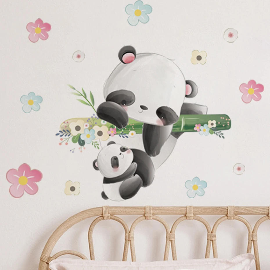 Акварельные Мультяшные панды качели цветок животные настенные наклейки для