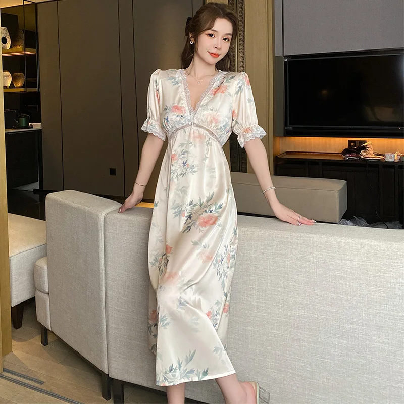 Sexy Nightdress Pajamas Women Summer Ice Silk Ssatin Short Sleeve Long Skirt Chest Pad Thin Senior Home Clothes Free Shipping