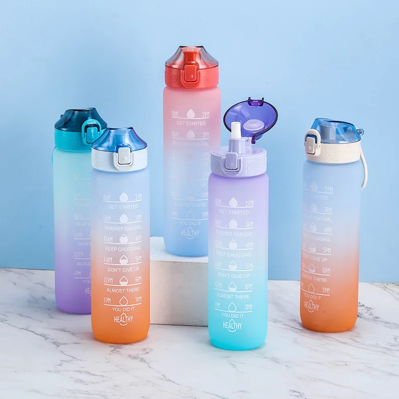 

1 Liters Water Bottle Motivational Drinking Bottle Sports Water Bottle With Time Marker Portable Plastic Bottles with Straw Cups