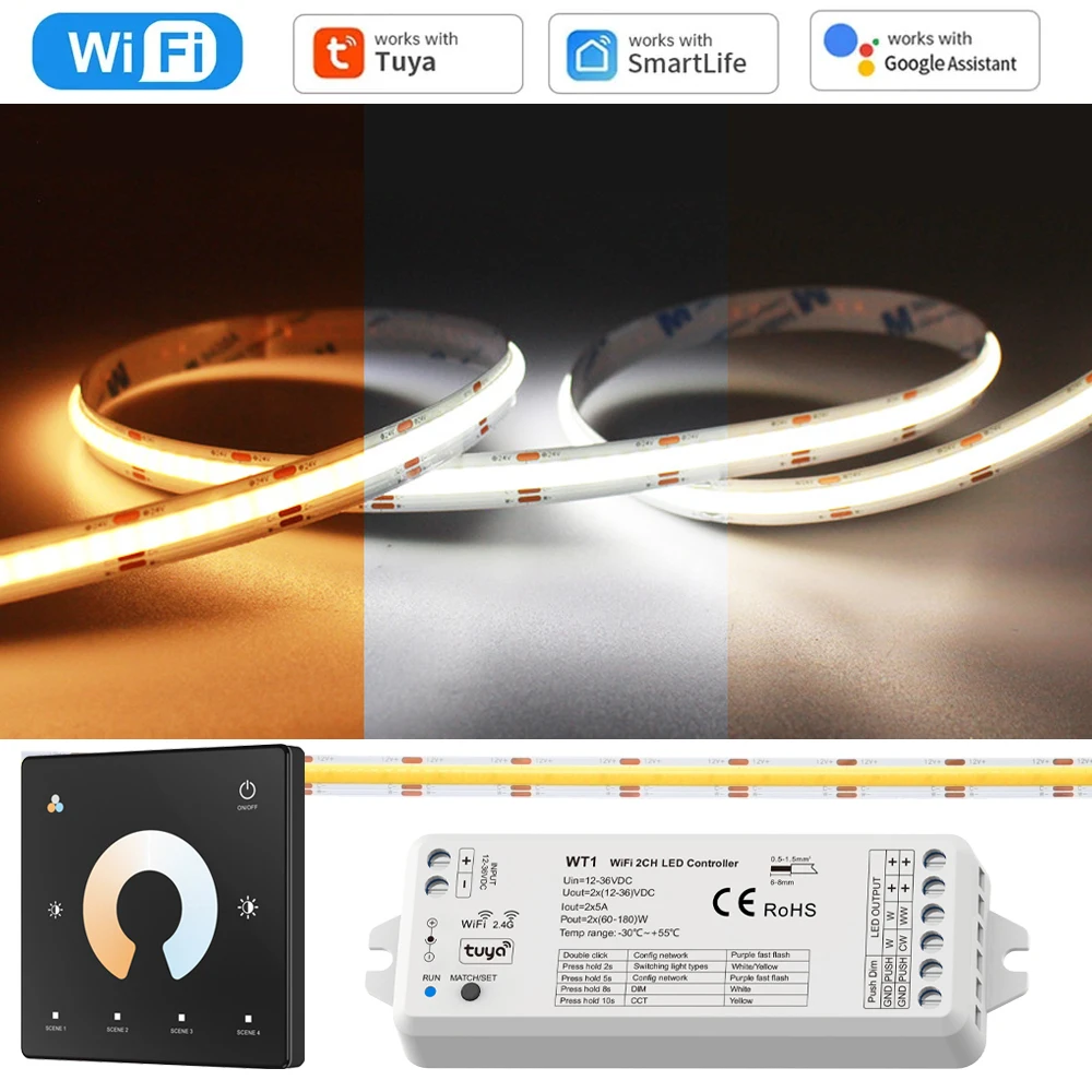 Фото 10M 20M Tuya WiFi COB CCT Светодиодная лента 24V Dual White Room Light 2700-6500K 2.4G RF Dimming Touch Remote f Alexa Google SmartThings №1