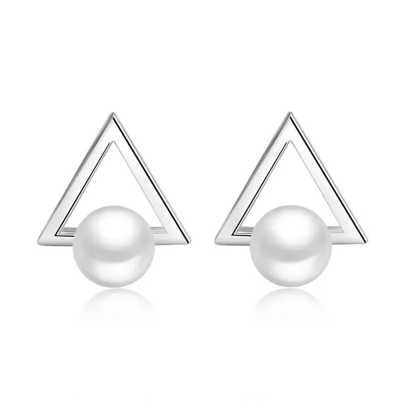 

Fashion Simulated Pearl 925 Sterling Silver Stud Earrings Anti Allergy For Women Jewelry Personality Triangle Brincos Oorbellen