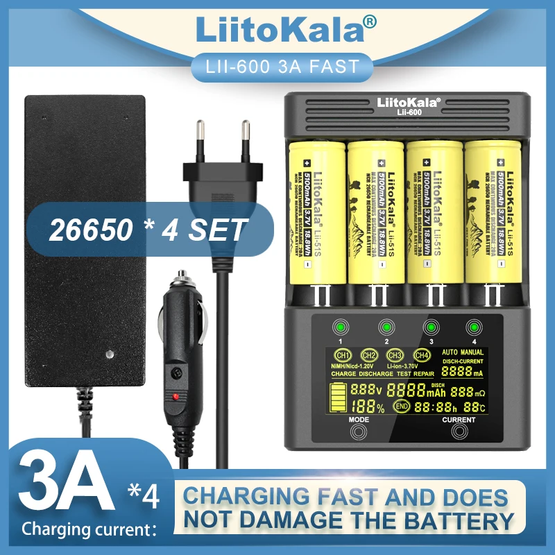 

LiitoKala Lii-600 Battery Charger For Li-ion 3.7V NiMH 1.2V Suitable for 18650 26650 21700 26700 AA AAA Lii-51S HG2 NCR18650B