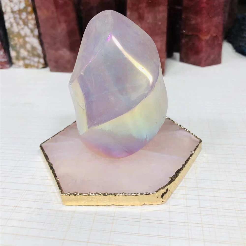 

Wholesale natural carved crystal mat gold plated rose quartz hexagon plate precious stones for christmas decoration