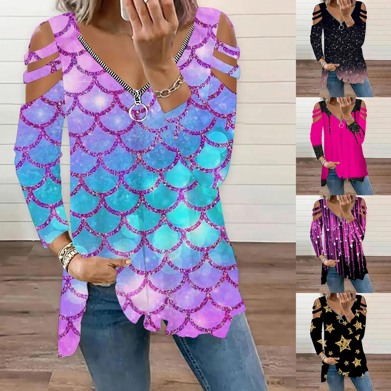 

Womens Fashion Print Zipper Strapless Long Sleeves Womens T Shirts Short Sleeve Women's Shirts Summer Soft Shirt Women