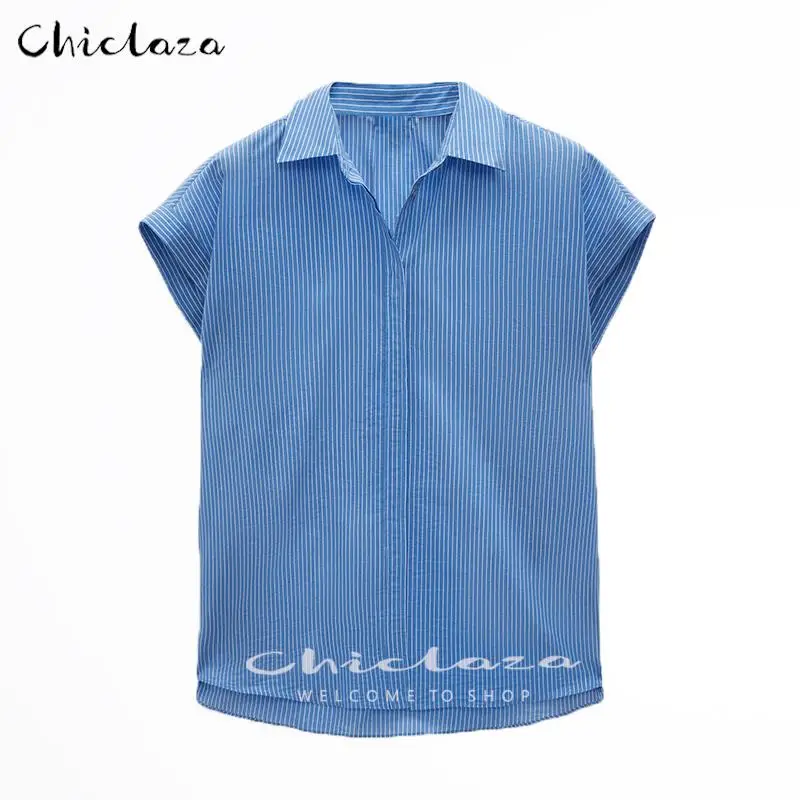 

CHICLAZA 2022 Spring Summer Women Fashion Short Sleeve Striped Shirt Female All-match Loose Simple Casual Blouses