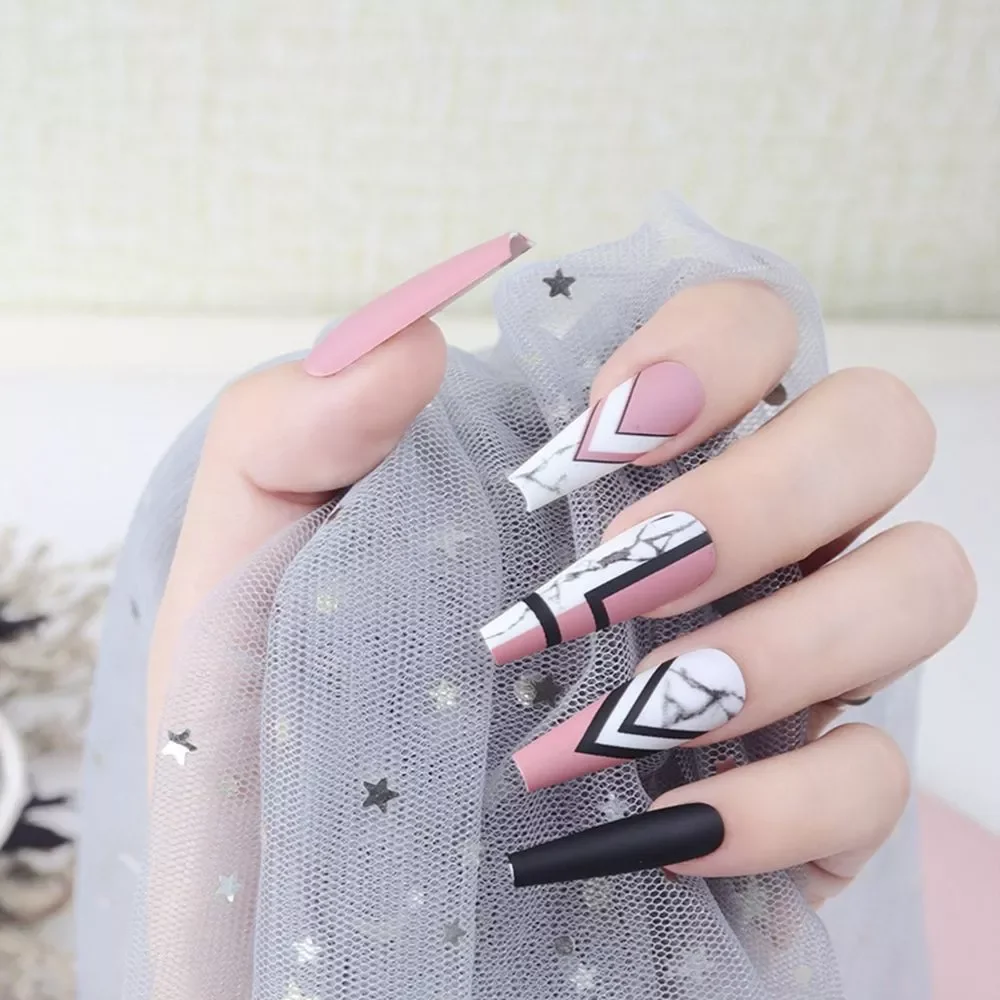 

NEW IN French Ballerina Fake Nails Detachable Mixed Pink Black Marble Coffin Shaped False Nails Geometric Press On Nails