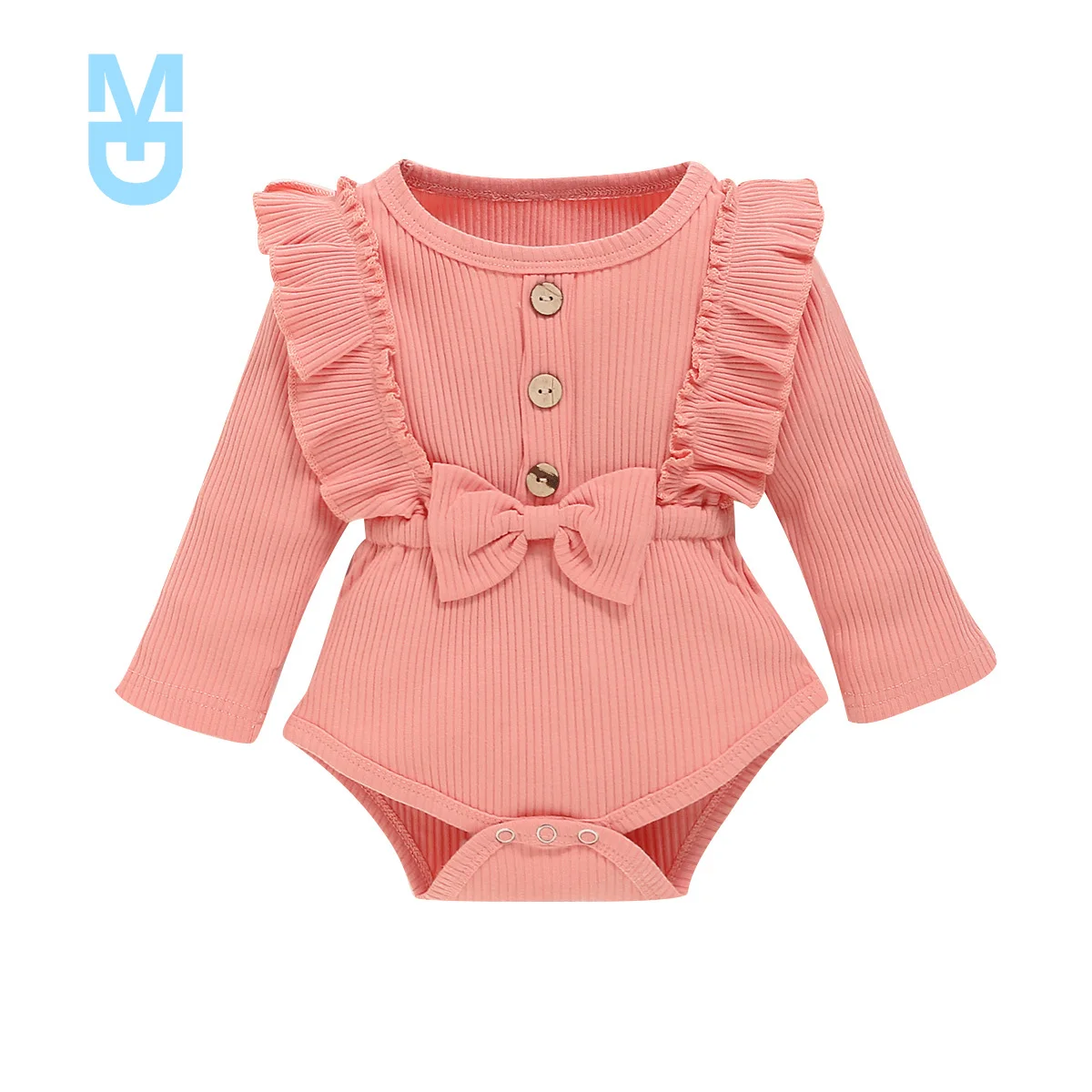 

New Toddler's Spring Autumn Clothes Solid Color Ruffle Long Sleeves Ribbed Rompers with Bowknot for Baby Girl 0-18 Months