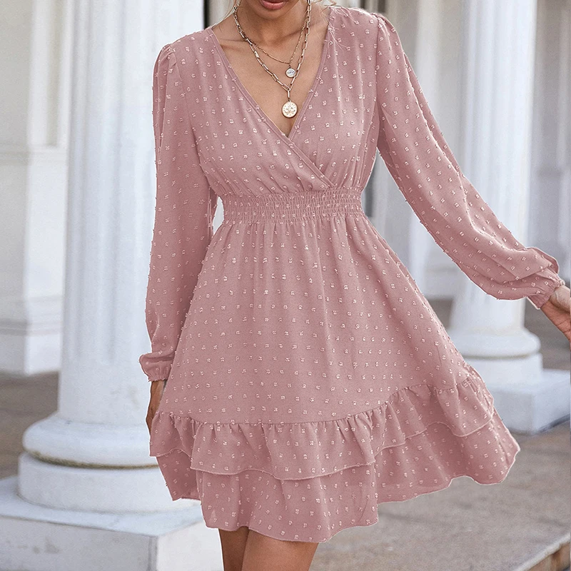 

Women' 2023 Spring And Autumn Pink A Line Chiffon Fashion Dresses V Neck Waist Ruffle Woman Hedging Lantern Long Sleeve Dresses