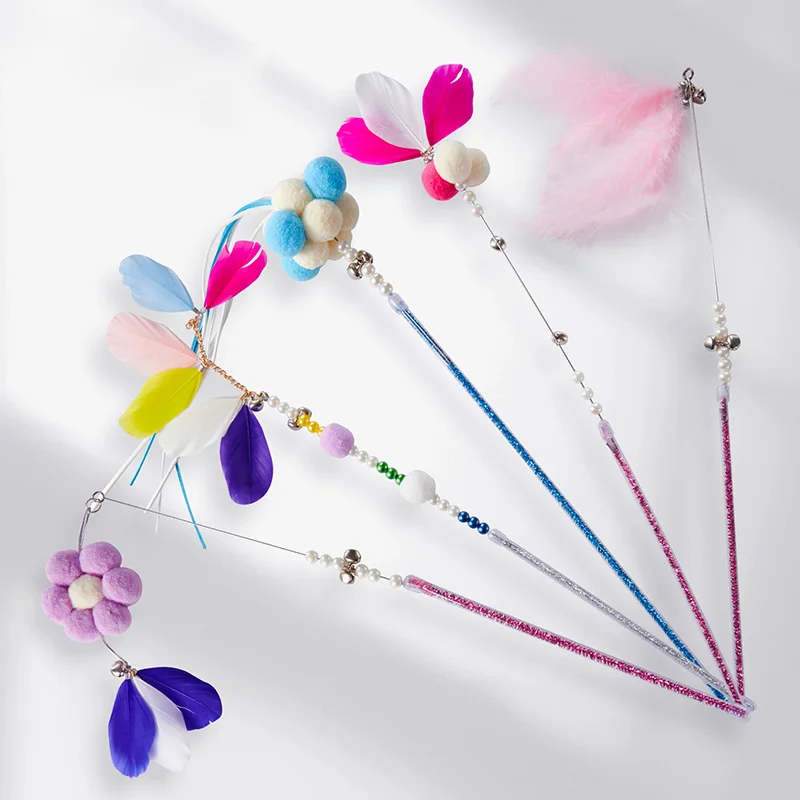 

Pet Cat Toys Fairy Feathers Stick Bell Funny Cats Toy Ribbon Sticks Interactive Toy Colorful Tease Cat Stick Kitten Supplies