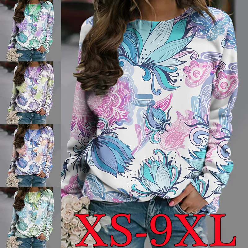 

2022 Ladies Casual Loose Long Sleeve Shirt Round Neck Solid Color Top Pullover Sweatshirt XS-8XL