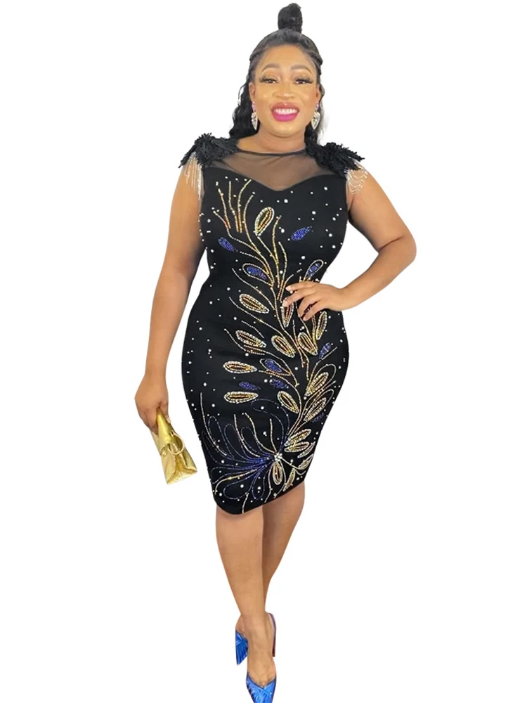 

African Short Dress Women With Diamond Tassel Traditional Dashiki Africa Clothing Mesh Patchwork Sexy African Party Dresses 2022