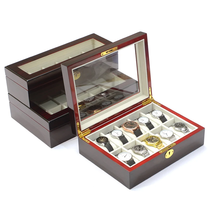 

Luxury Red Wooden Watch Boxes Storage Organizer Box Case for Watches Box with Lock 12 Slots Pillow Men's Watch Display Gift