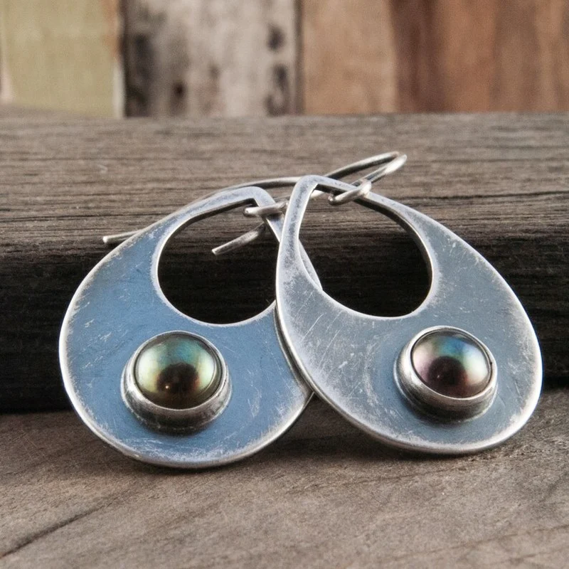 Vintage Drop Metal Craftsman Inlaid Faux Black Pearl Women's Hook Drop Earrings