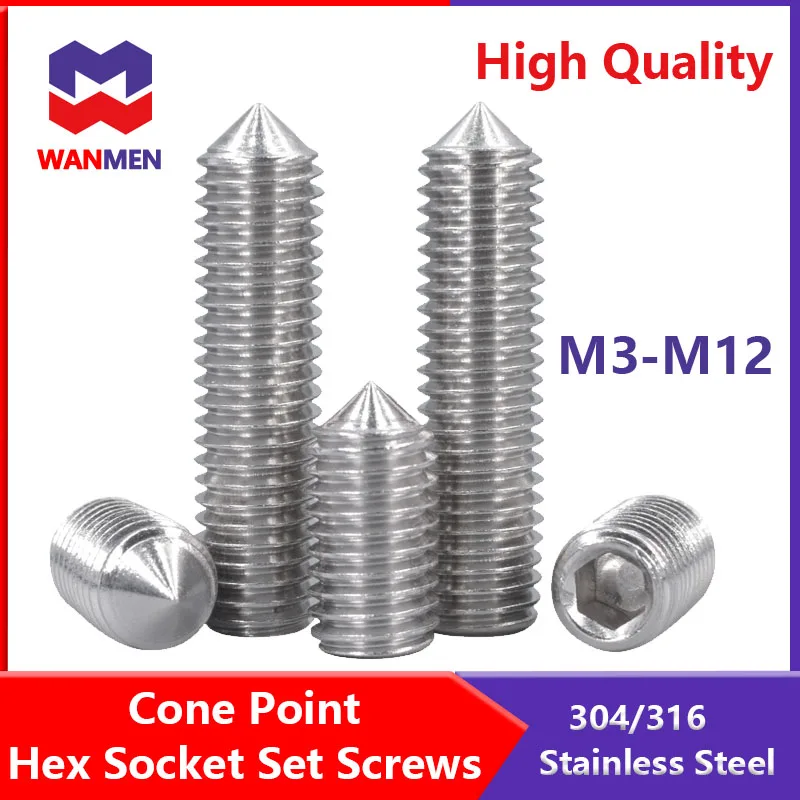 

Internal Hex Socket Drive Cone Point Set Screws M3 M4 M6 M8 M10 M12 Taper tip End Grub Bolts 304/316 Stainless Steel