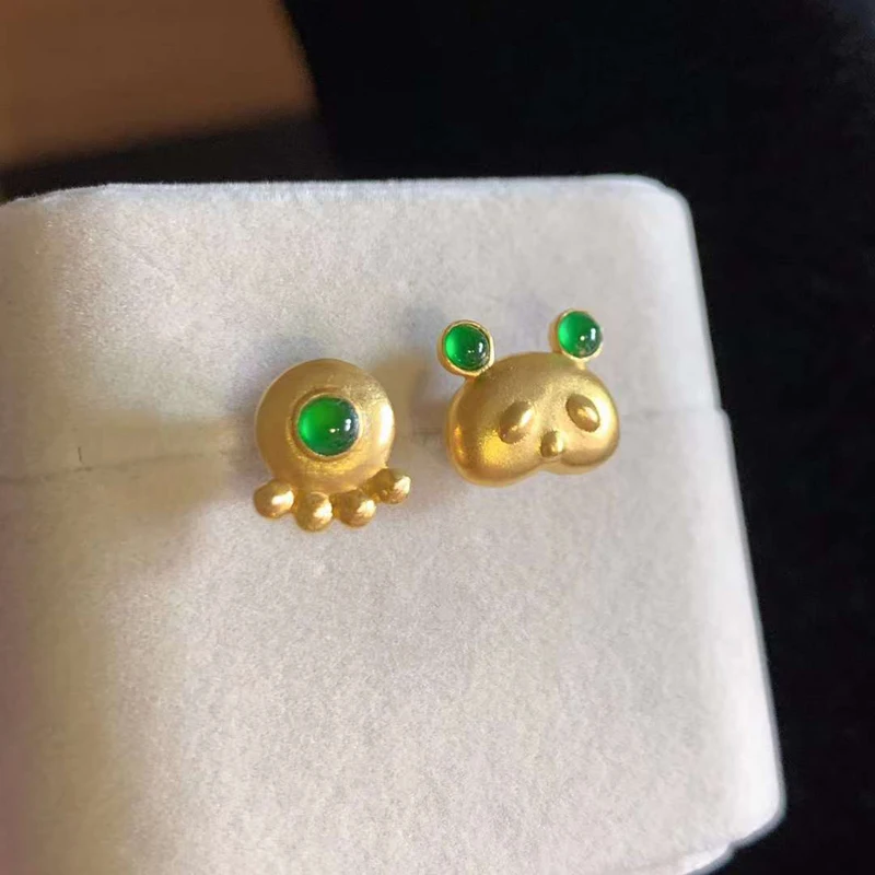 

Women Jewelry New 18K Gold Trendy Unique Panda Green Emerald Natural Jade Stones Fine Stud Earrings with certificate