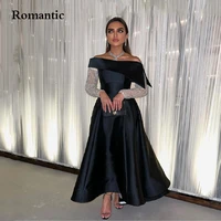 romantic a line evening dress off the shoulder long sleeves with lace applique flower tea length women formal prom gowns 2022