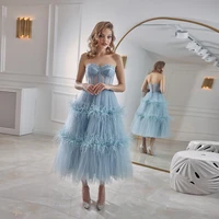laxsesu blue tulle engagement wedding evening dress for bride strapless a line draped with rhinestone tea length party gown 2022