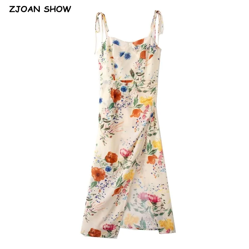 

Женское платье во французском стиле ретро, бежевое платье на бретельках с цветочным принтом и регулируемой завязкой, откровенное летнее платье с перекрестным разрезом на подоле, 2023