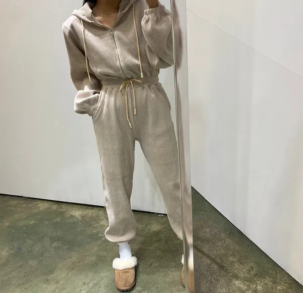 

South Korea 2023 autumn new hooded elastic high-waisted corduroy jumpsuit women's casual girdle leg jumpsuit pants