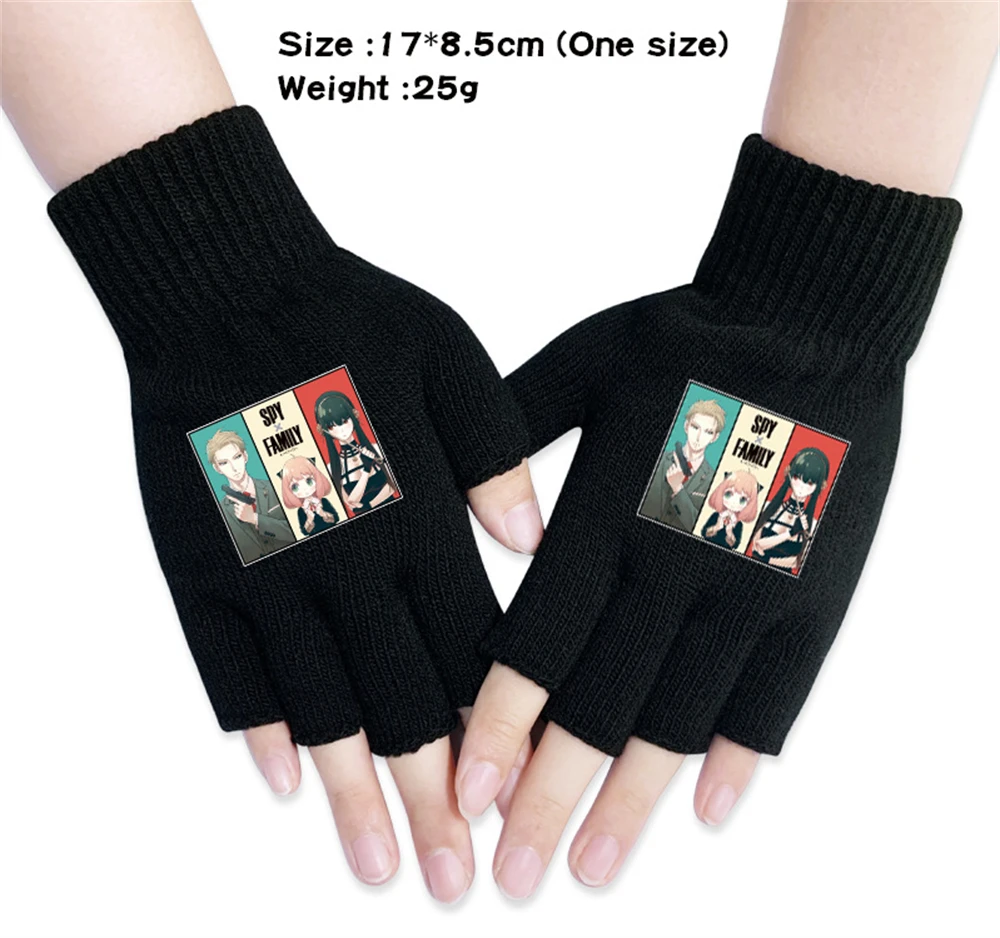 

Anime SPY×FAMILY Knitted Half Finger Gloves Boys Girls Autumn Winter Warm Black Cosplay Cartoon Printing Mittens Student Gifts