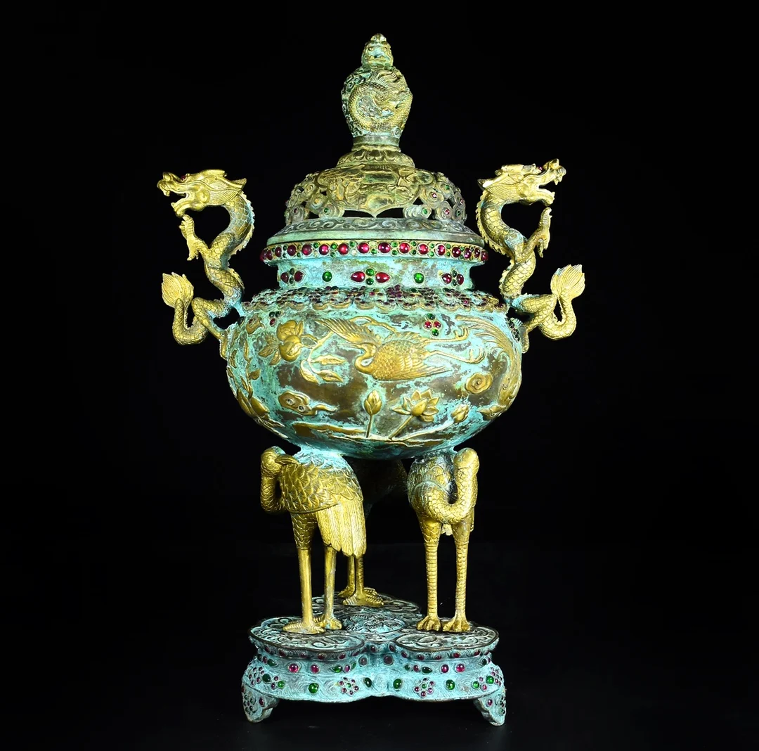 

LAOJUNLU Treasured Bronze Gilt Three Crane Furnace Ornaments Chinese Traditional Style Antiques Fine Art Gifts Crafts