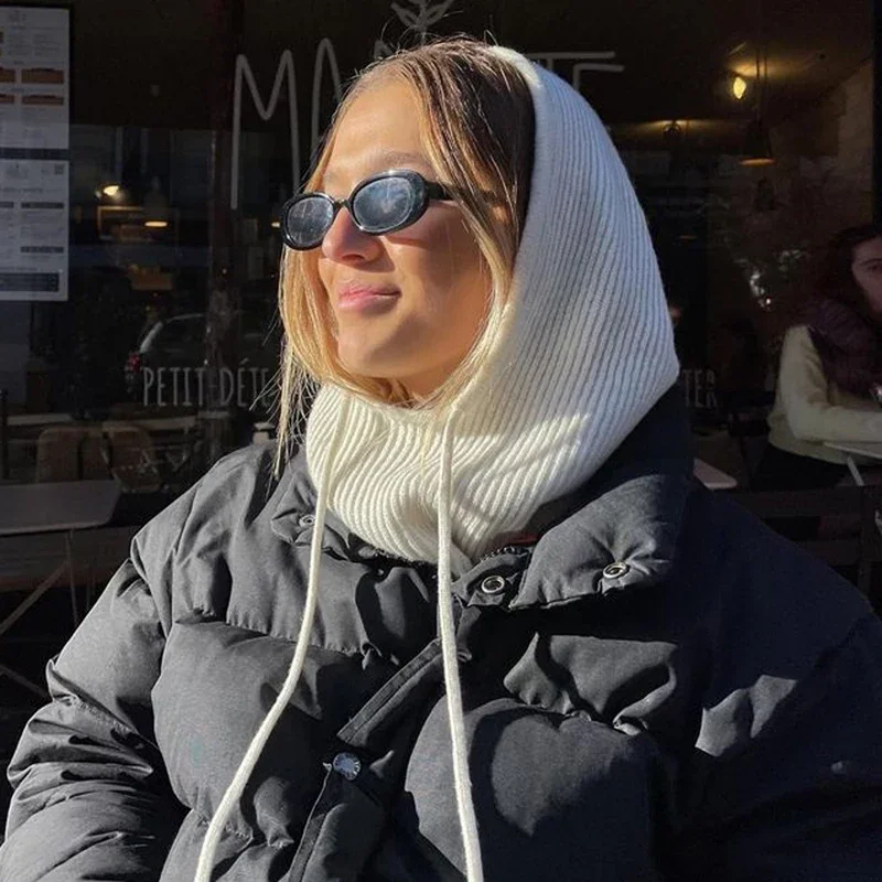 Женский шарф с капюшоном однотонный вязаный пуловер Балаклава на шнурке зимняя