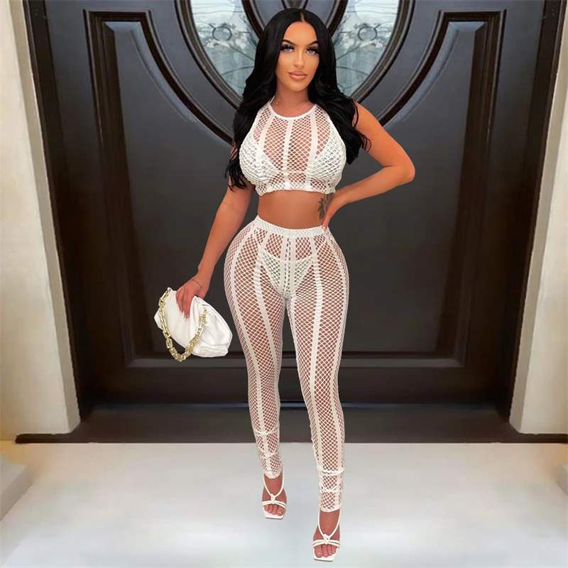 

Ажурный Летний Пляжный комплект из двух предметов, женская сексуальная сетчатая накидка на бикини с вырезами, укороченные топы без рукавов и брюки, костюмы