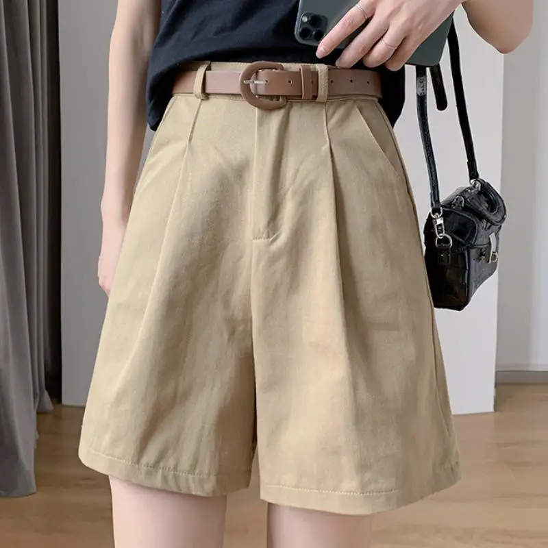 

Летние повседневные Модные рабочие штаны, шорты с высокой талией, Новинка для студентов, женские брюки средней длины с широкими штанинами и карманами для девушек, C61