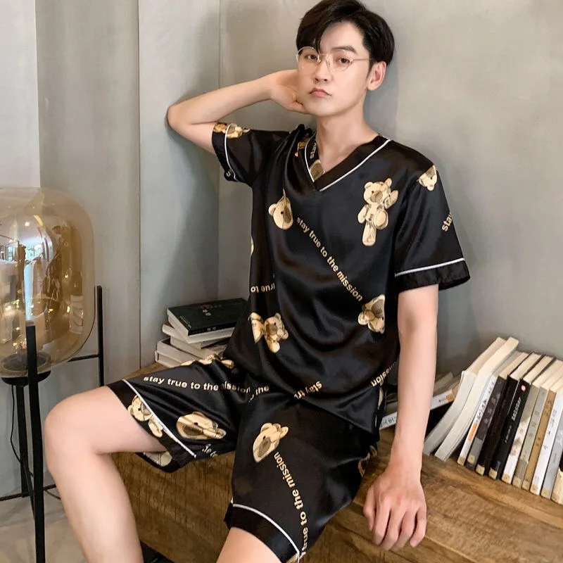 Ice Silk Pajamas Set V-neck Pullover Summer Short-sleeved Thin Silk Pajamas for Men Casual Large Size Homewear Suit Sleepwear