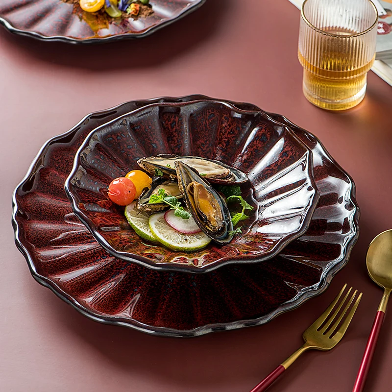 

Красные керамические тарелки в стиле ретро для салата, десерта, стейка, пасты, креативные большие круглые домашние тарелки для ресторана, та...